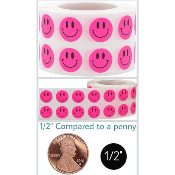 Stickers Fluorescent Pink Happy Face Sticker 0.5" Round 1000 Count Smiley Labels - Picture 2 of 4